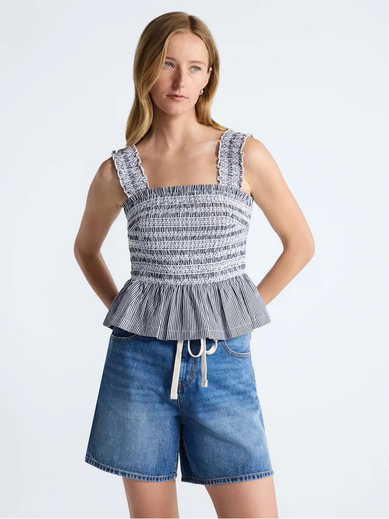 Free Assembly Women's and Women's Plus Smocked Cotton Tank Top with Peplum Hem, Sizes XS-4X | Walmart (US)