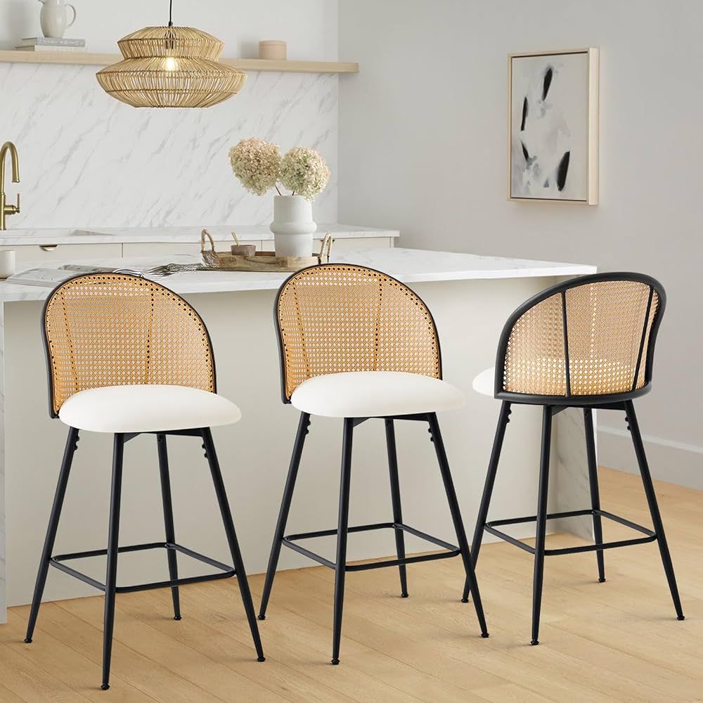 Swivel Counter Height Bar Stools Set of 3, 26" PU Leather Upholstered Barstools with Rattan Back ... | Amazon (US)