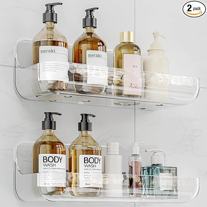 Adhesive Shower Caddy, 2 Pack Acrylic Bathroom Shelves, No Drill Wall Mount Organizer Storage She... | Amazon (US)