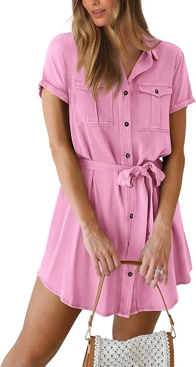 PRETTYGARDEN Women's Casual Summer Button Down Shirt Dress Collared V Neck Short Sleeve Belted Po... | Amazon (US)
