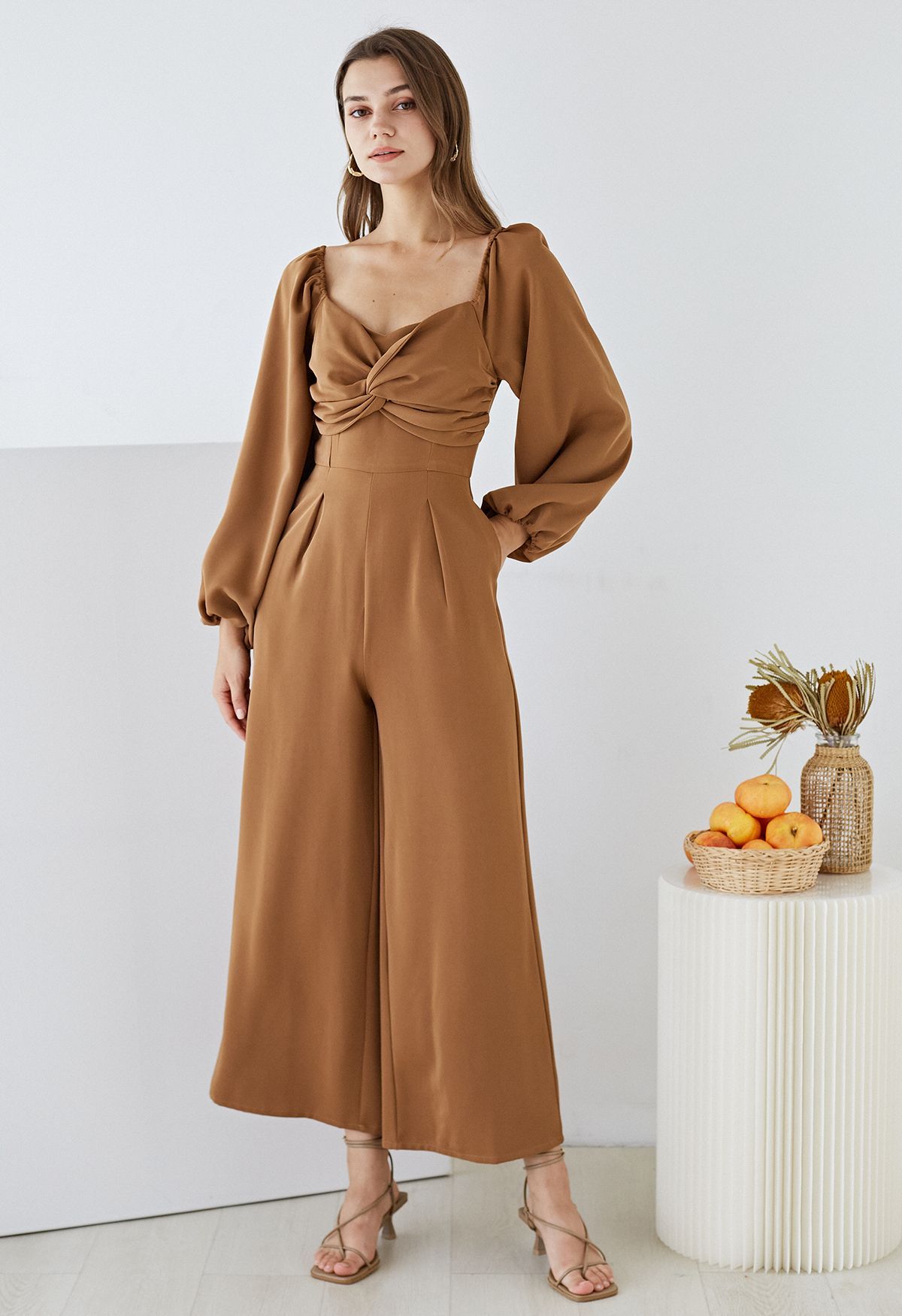 Twisted Front High Waist Jumpsuit in Caramel | Chicwish