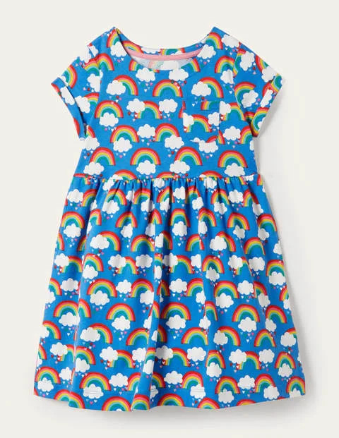 Short-sleeved Fun Jersey Dress Moroccan Blue Love Rainbows Girls Boden | Boden (US)