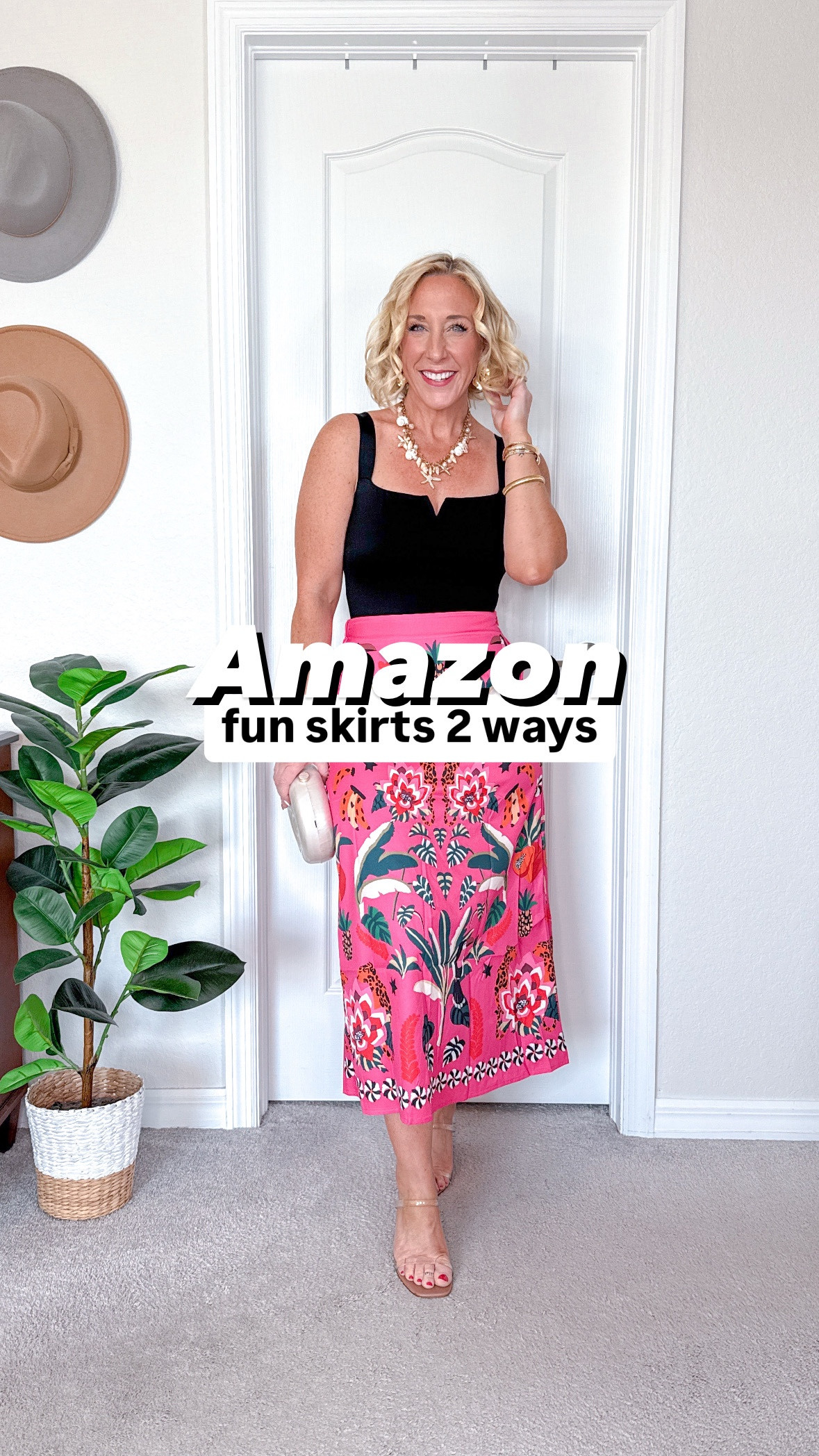 Amazon fun tropical skirt: 2 ways -
• skirt - size small. May have needed to size up? Has a small size zipper and elastic on the back waist. 
• black bodysuit - size small. 
• clear strap wedges - tts. 
• white shirt - size small. 
• denim jacket - size small. Runs oversized. 
• sandals - tts. 
• all jewelry & both purses are Amazon too. 
Vacation outfit, tropical outfit  

#LTKWatchNow #LTKFindsUnder50 #LTKSeasonal