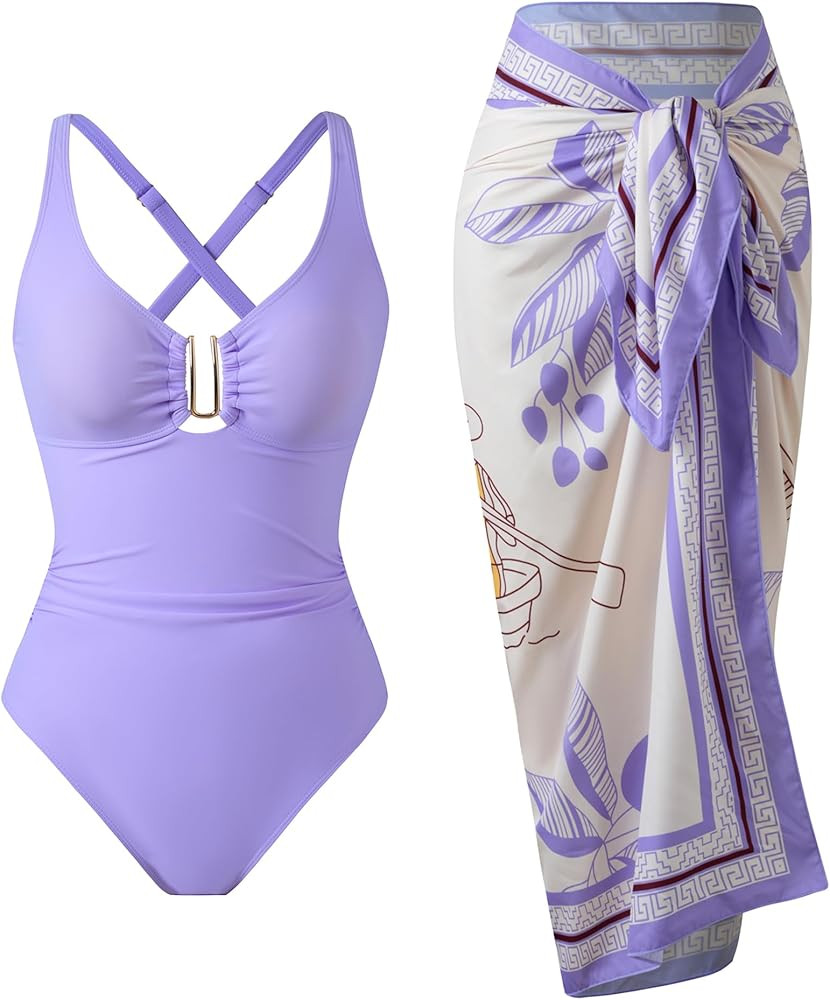 One Piece Swimsuit Women with Cover Up Set Retro Bathing Suit for Women Tummy Control Beach Wrap ... | Amazon (US)