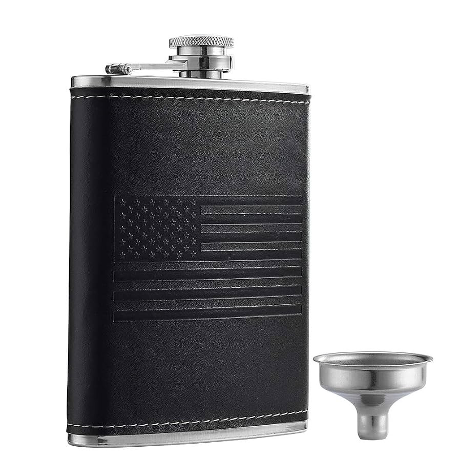 Stainless Steel American Flag Flask, Soft Touch Cover Liquor Flasks 8oz | Leak Proof Black PU Lea... | Amazon (US)