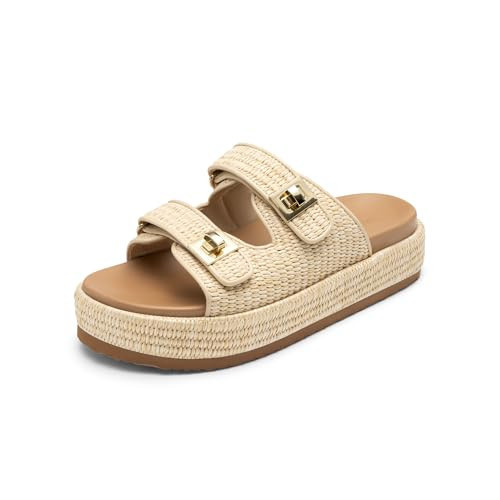 DREAM PAIRS Platform Sandals Women Raffia Espadrilles Summer Comfortable Wedge Sandals Beach Vacation Adjustable Buckle Cute Slide Sandals,Size 9,Natural,SDWS26010W | Amazon (US)