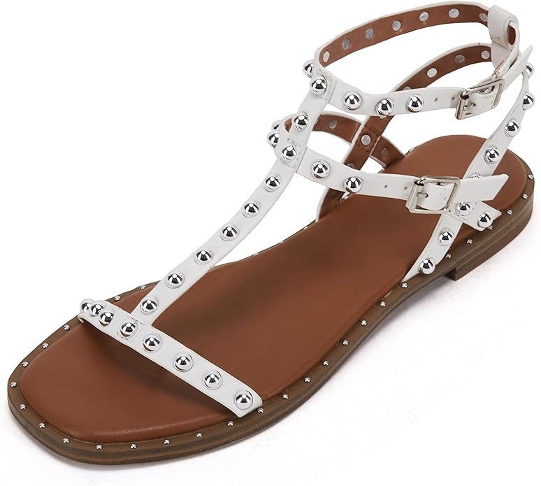 Womens Strappy Gladiator Sandals Studded T Strap Square Open Toe Rivet Slingback Buckle Flat Sand... | Amazon (US)