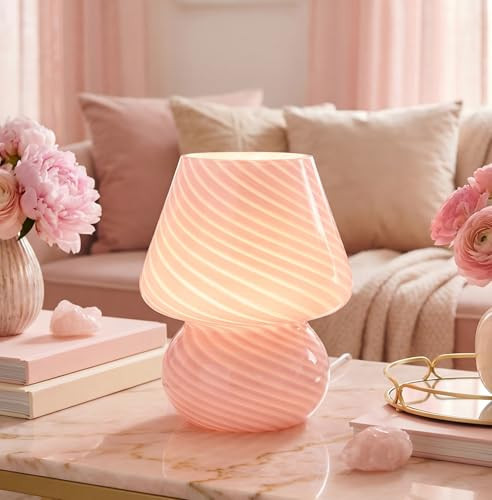 ULAROOM Dorm USB Plug-in Mushroom Lamp Small Bedside Table Lamp with 3 Temperature LED Bulb, Free Dimming Nights Light for Bedroom/Living Room/Entryway/Corner/Table Decor (Stripe Pink) | Amazon (US)