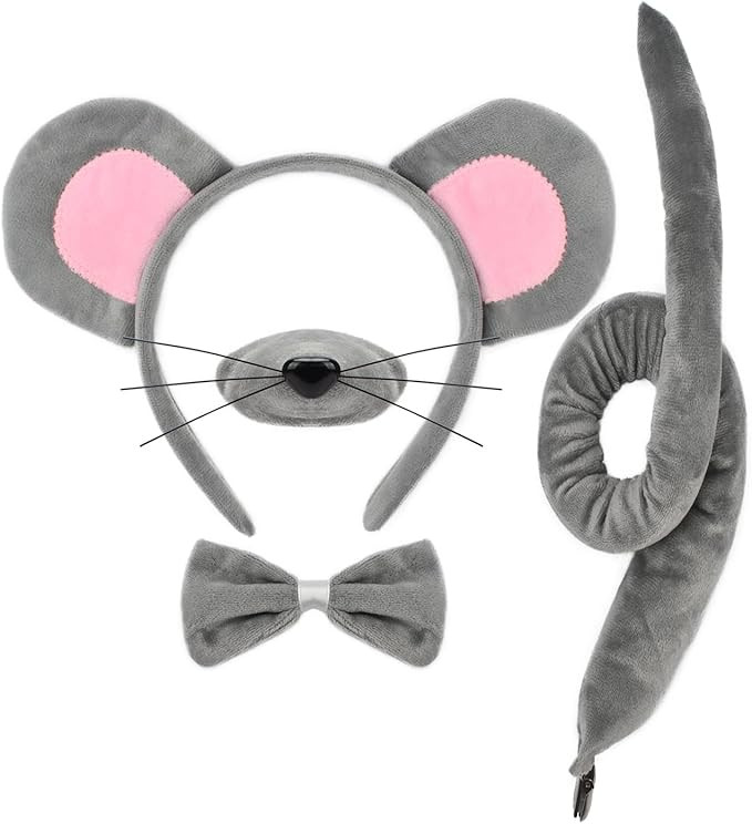 4 Pieces Mouse Ears and Tail Set-Grey Mouse Headband Tail Nose Bow Tie Cosplay Party Halloween Co... | Amazon (US)