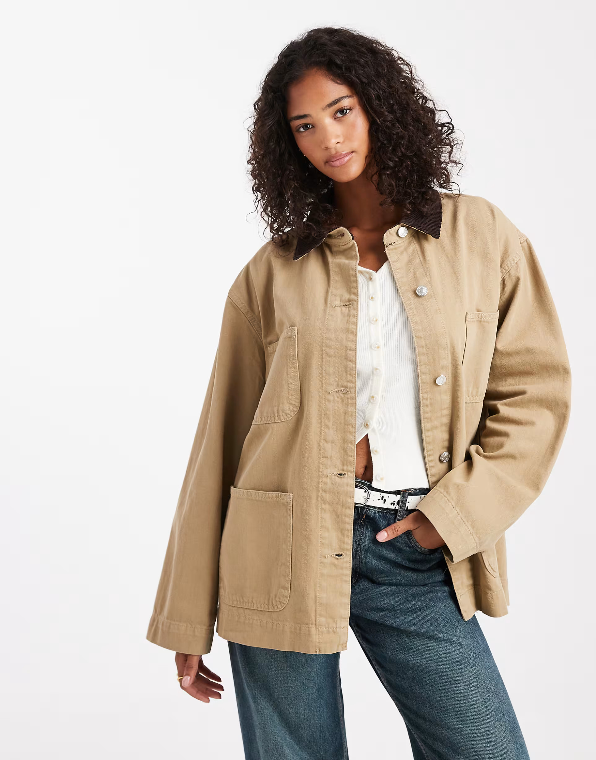 ASOS DESIGN denim barn jacket with contrast collar in stone | ASOS (Global)