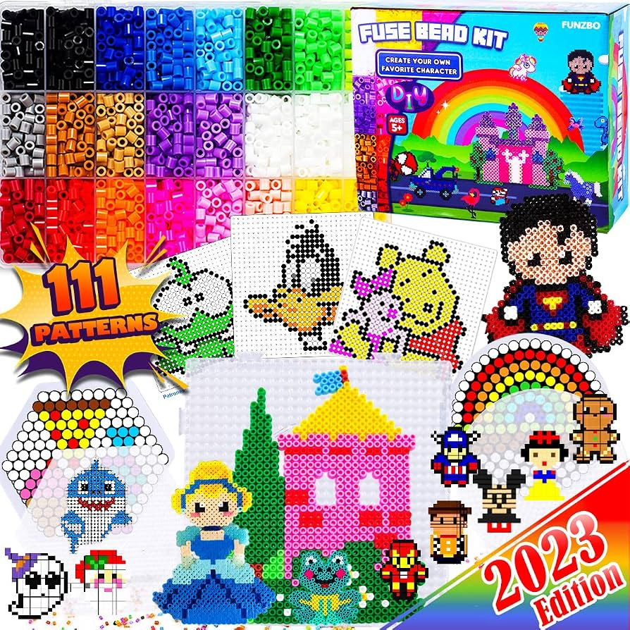 FUNZBO Fuse Beads Kit - Iron Beads Set with 5500 5mm Beads, 111 Patterns Booklet, 5 Pegboards & 4... | Amazon (US)
