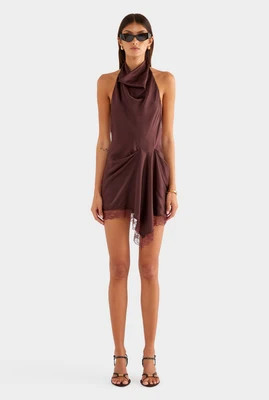 Draped Silk Lace Halter Mini Dress - Dark Plum | Venroy AU