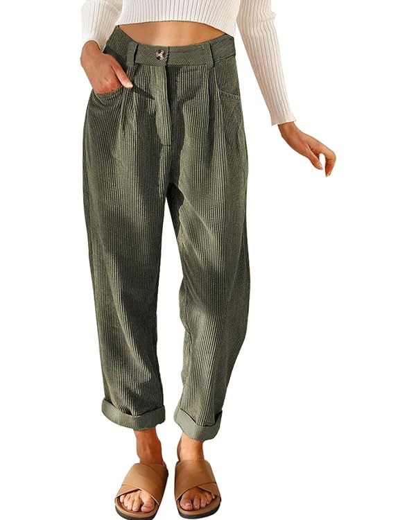 Acelitt Womens Elastic Waist Straight Leg Corduroy Pants with Pockets, S-2XL | Amazon (US)