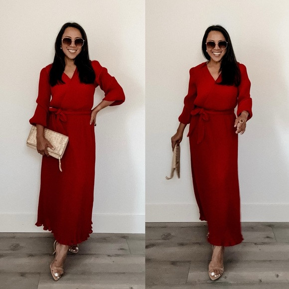 Red Pleated Belted Wrap Dress (S) | Poshmark