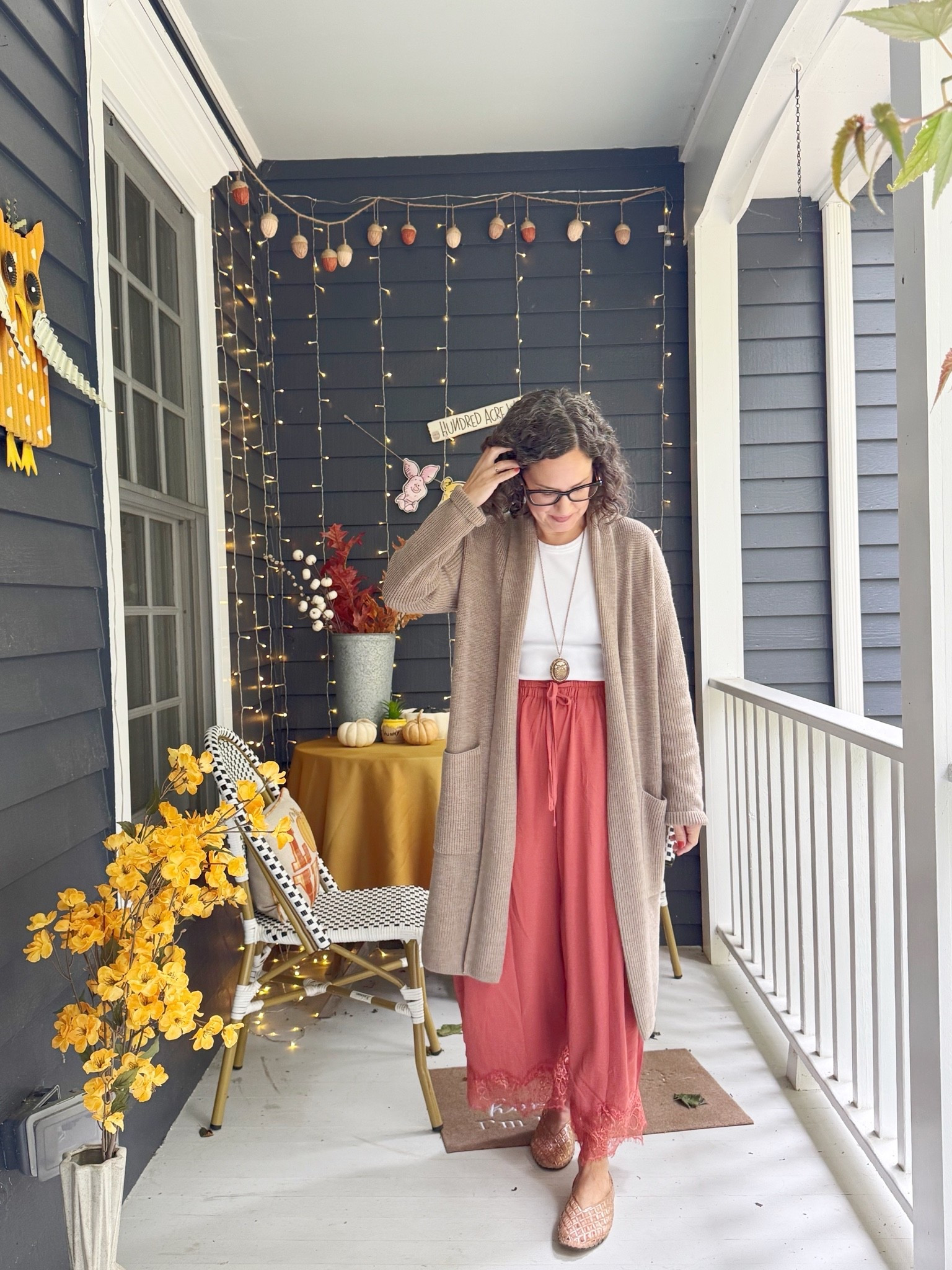 Early autumn cozy outfit! Quince cardigan, Nordstrom tank, lace trimmed loose pants from Amazon, Dolce Vita jam jelly flats. 
Also linking my set of chairs from Target, have been popular!

#LTKootd #LTKSeasonal #LTKOver40