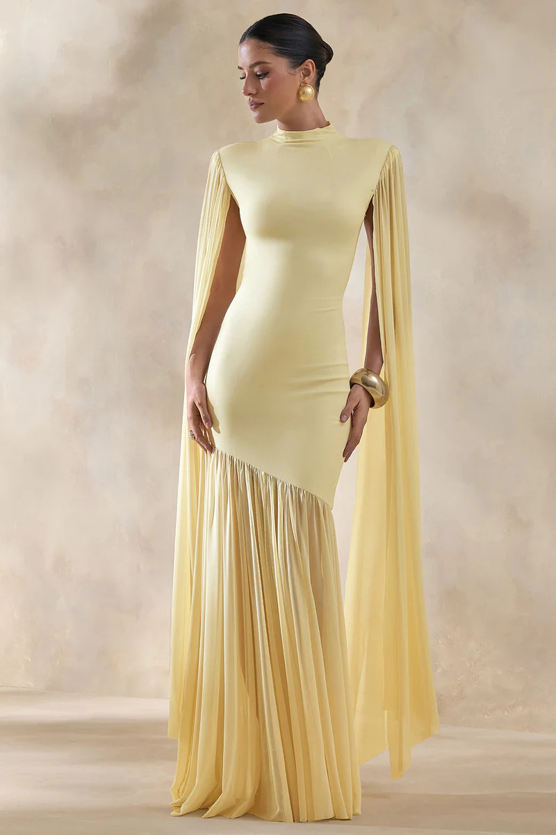 Chantelle  Lemon High-Neck Maxi Dress With Drop-Waist And Cape-Sleeves | Club L London