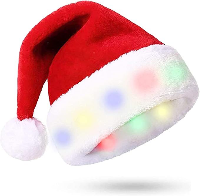 Christmas Hat, Santa Hat with 8 LED Lights Unisex Soft Plush Faux Fur Santa Hats Extra Thicken Sa... | Amazon (US)