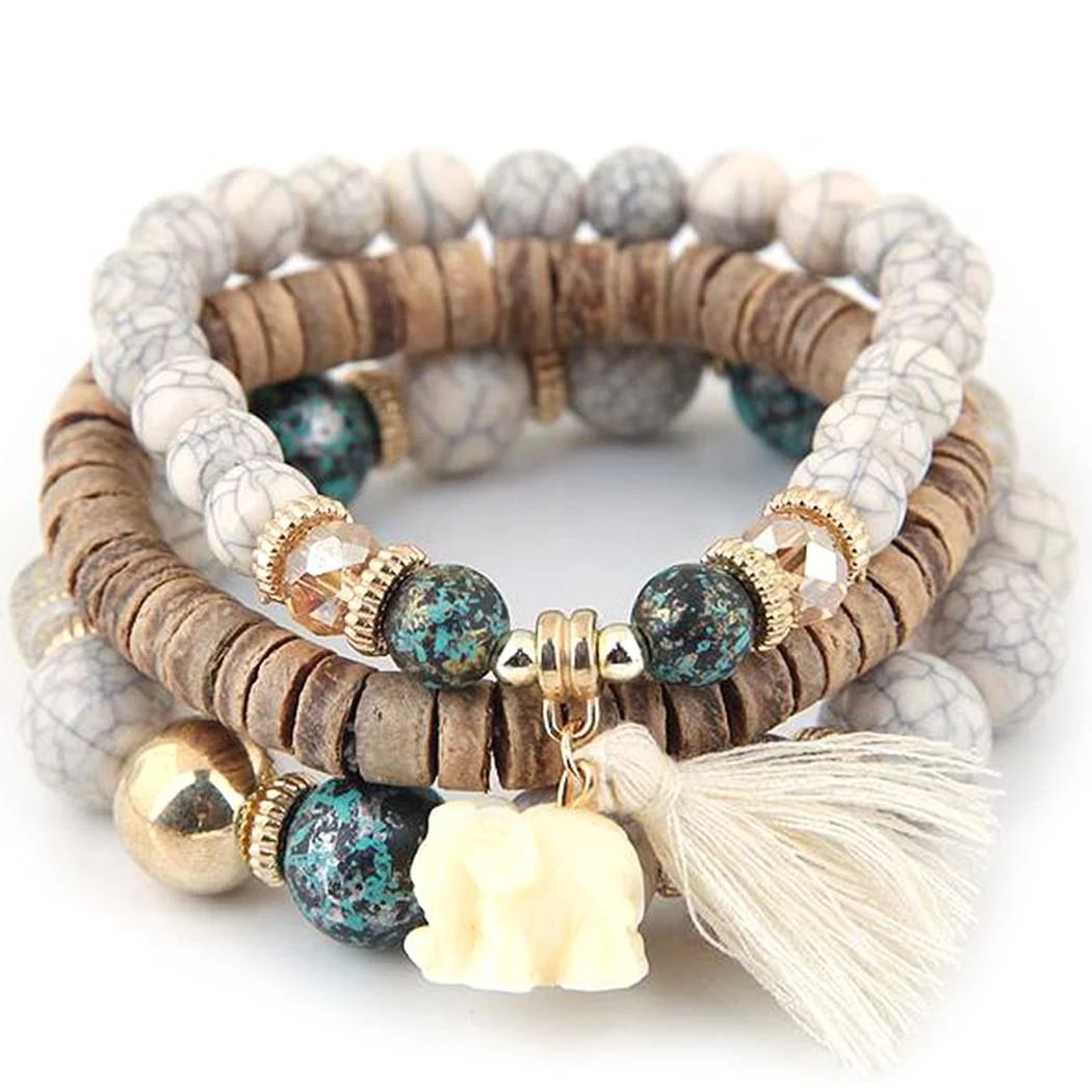 Christmas Clearance! Women Wood Beads Bracelets Boho Small Elephant Charm Bracelets Set Vintage S... | Walmart (US)