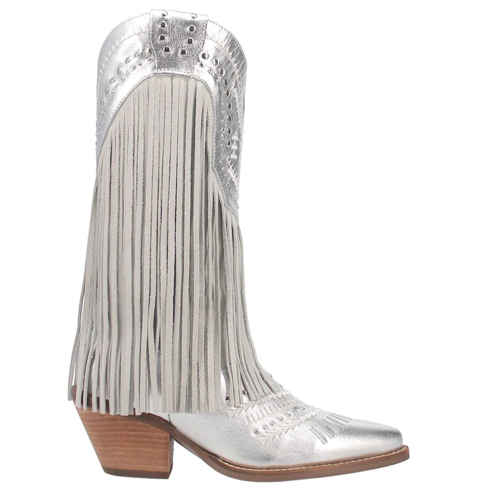 Shop Silver Womens Dingo Gypsy Studded Fringe Metallic Snip Toe Cowboy Boots | Shoebacca