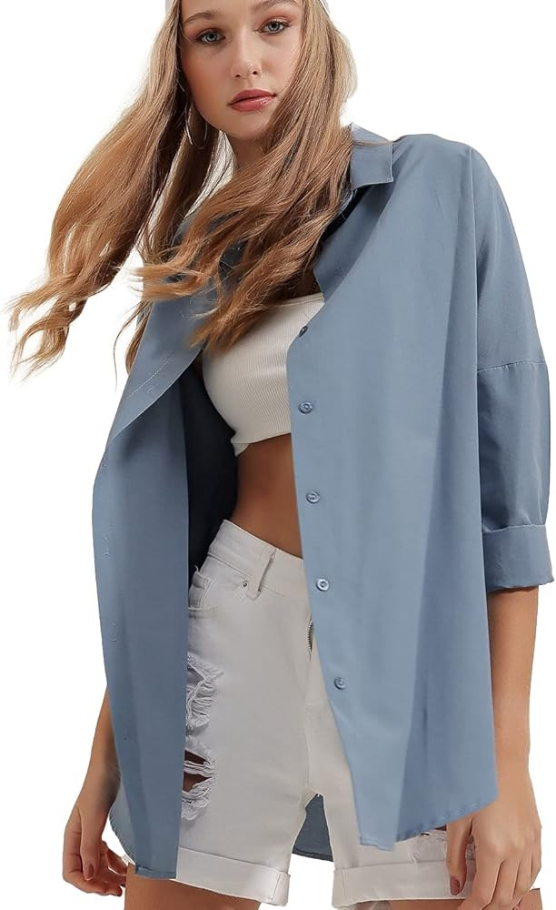 Womens Dressy Blouses Tops, Casual Long Sleeve Loose Fit Button Down Shirts | Amazon (US)