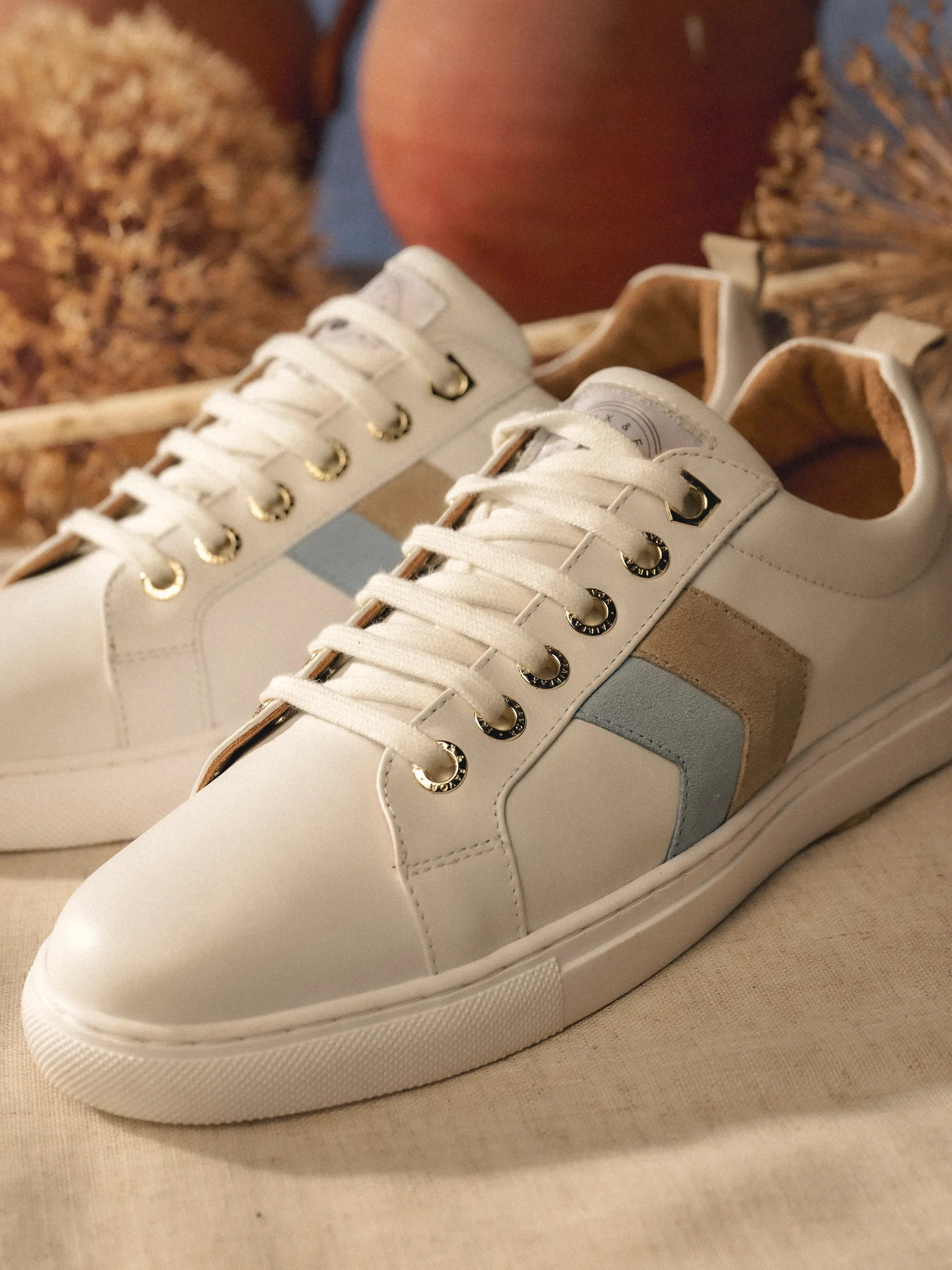 Alexandra - White Leather - Sky Blue & Stone | Fairfax & Favor (UK)