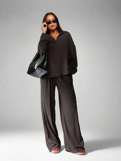 MISSGUIDED Soft Touch Co-Ord Set Matching V-Neck Top Wide Leg Pants Comfortable Loungewear | SHEIN