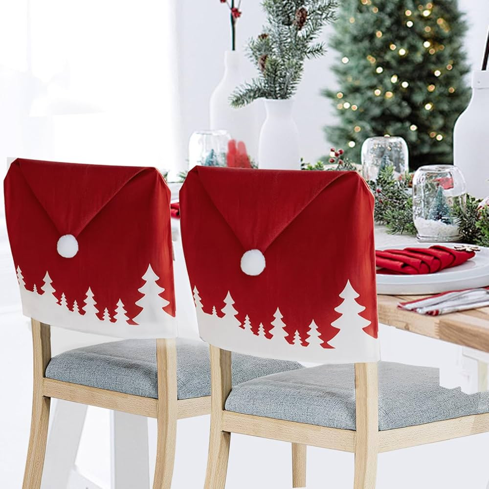 4PCS Christmas Chair Covers with Winter Tree, Red Christmas Santa Claus Hat Xmas Chair Slipcovers... | Amazon (US)