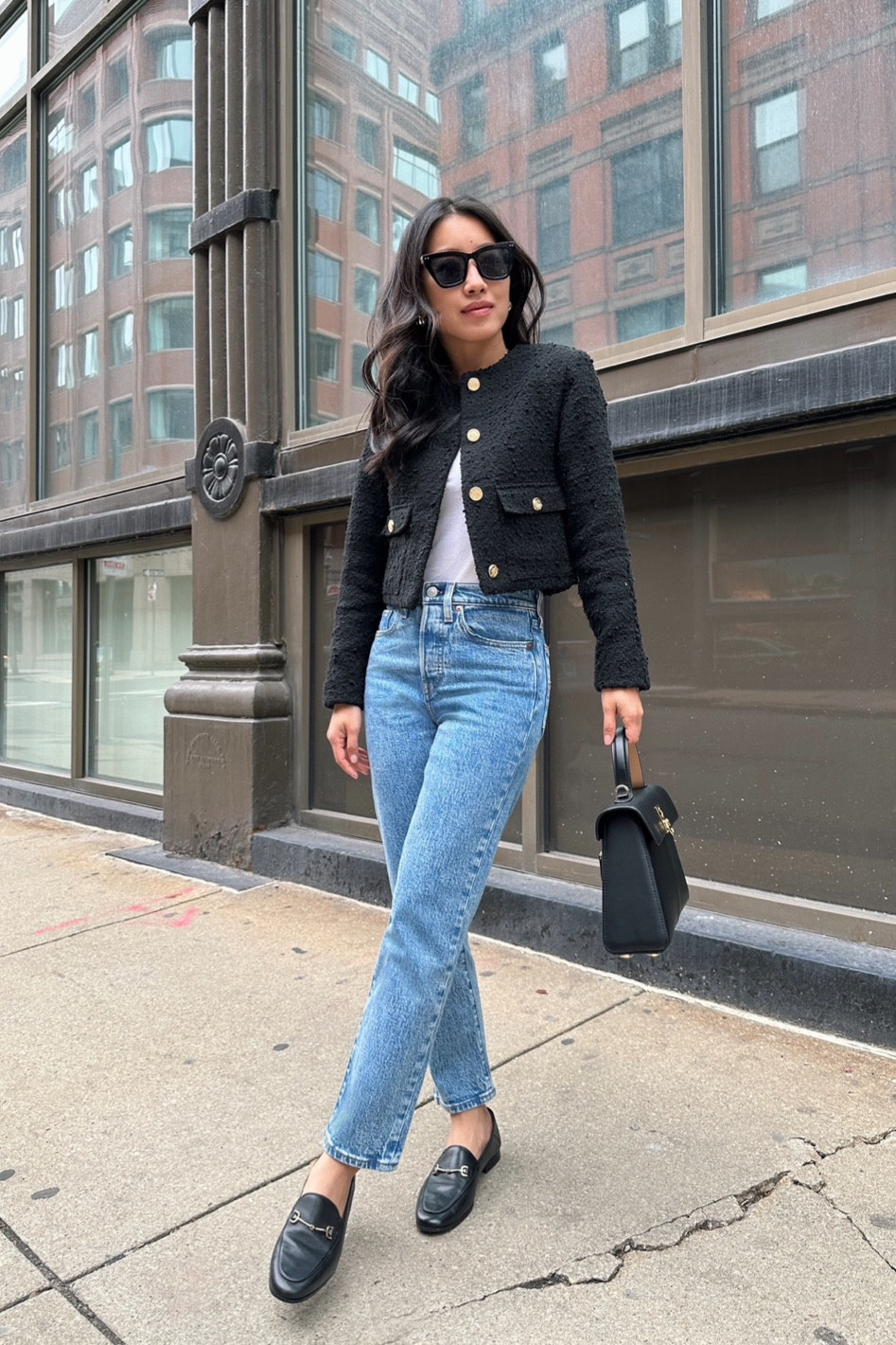 • Levi’s wedgie straight jeans 24 x 26 in “Space to Think” which is a grainy medium wash - one of my go-to pairs of jeans, flattering at the rear and perfect length to pair with flat shoes. 

TTS with a touch of stretch. I wear size 24 in all my Levi’s jeans.

• Abercrombie tweed jacket xxs - I folded the sleeves under. 

• Sam Edelman loafers 5.5 very comfortable with no breaking in needed 

• Nordstrom $15 sunnies 

Spring work casual office outfit with jeans 

#LTKworkwear #LTKSeasonal