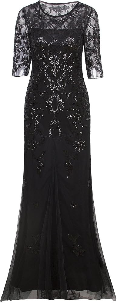 Vijiv Vintage 1920s Long Wedding Prom Dresses 2/3 Sleeve Sequin Party Evening Gown | Amazon (US)