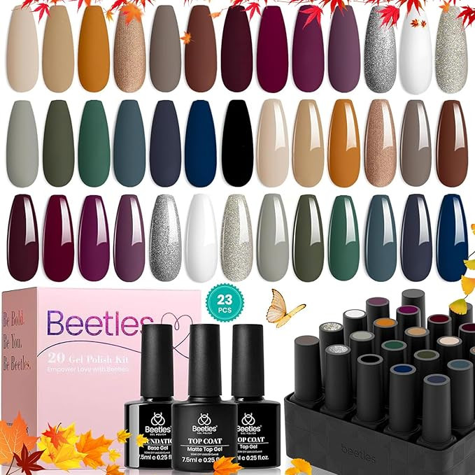 Beetles 23Pcs Fall Gel Nail Polish Kit with Base Gel Glossy Matte Top Coat, Gray Brown Burgundy R... | Amazon (US)