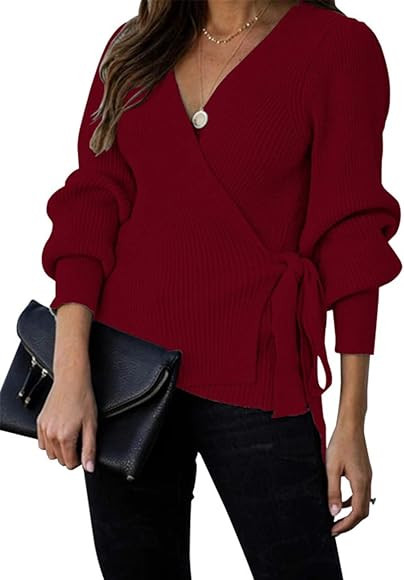 Amazon.com: KIRUNDO 2022 Women's Fall Winter Wrap V Neck Sweater Balloon Sleeves Tie Front Ribbed... | Amazon (US)