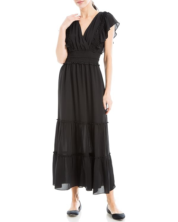 Max Studio Women's Crepe Flutter Short Sleeve Smocked Waist Tiered Maxi Dress | Amazon (US)