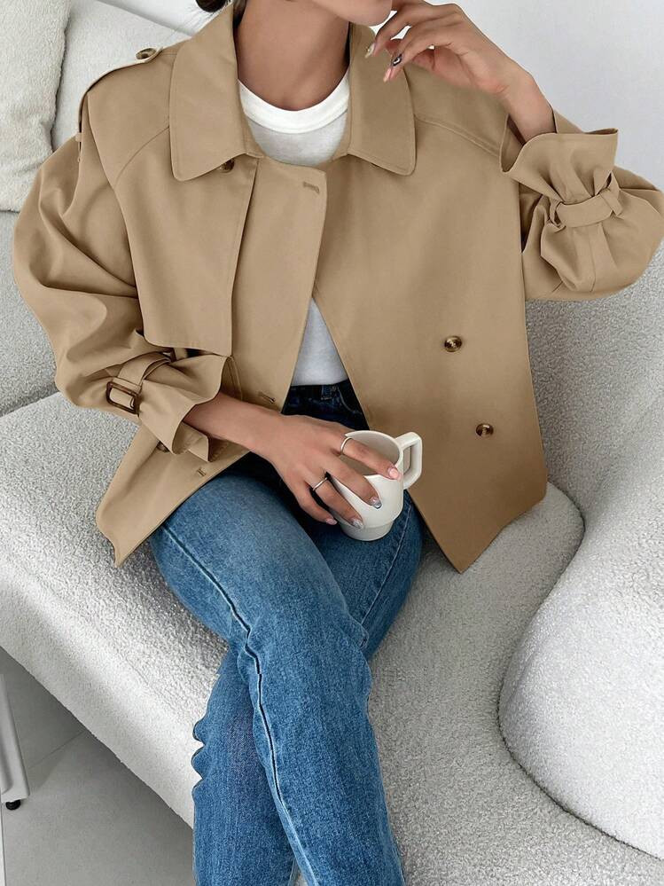 Women's Fall Raglan Sleeves Double Breasted Casual Business Trench Coat Women Jacket | SHEIN