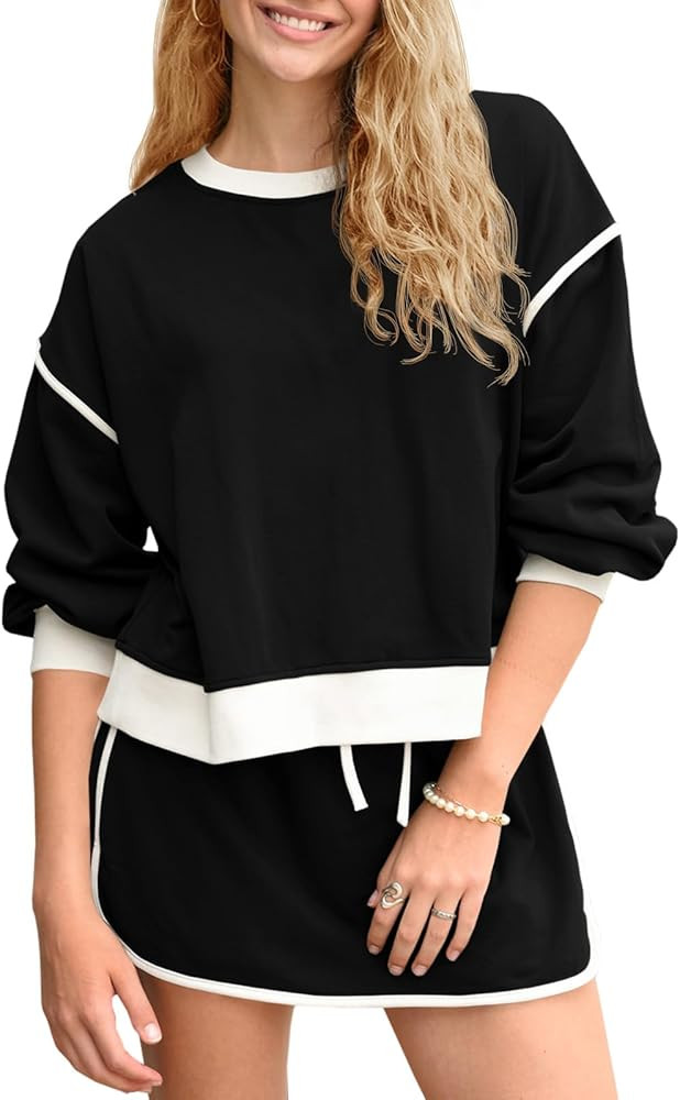 Fisoew Womens Sweatsuits 2 Piece Set Crewneck Sweatshirts High Waisted Skort Skirts Tennis Runnin... | Amazon (US)