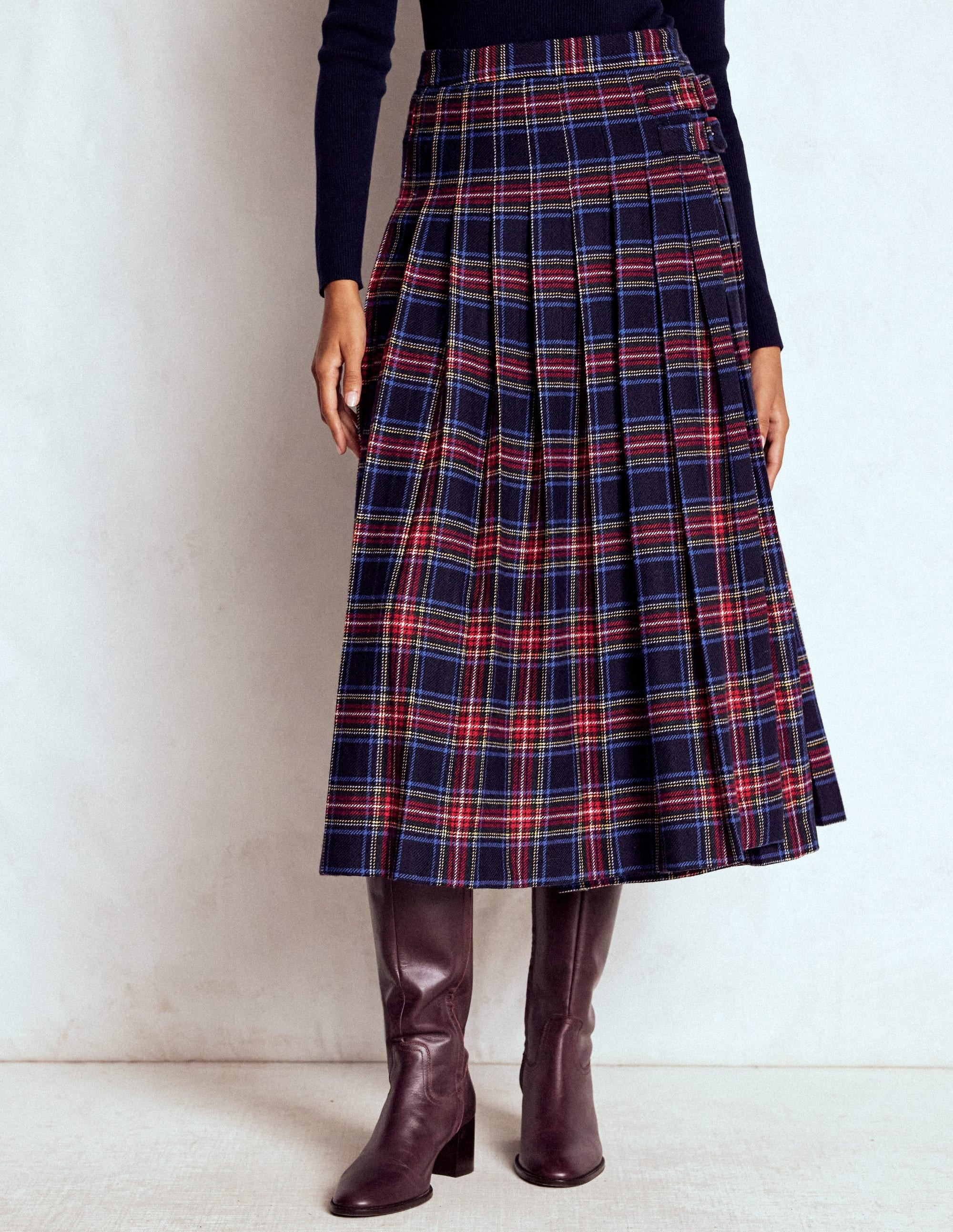 Josephine Wool Kilt Skirt-Navy, Green and Red Check | Boden UK
