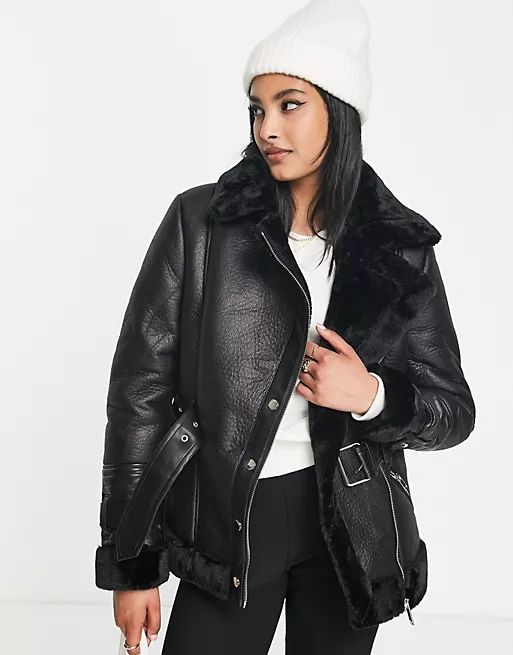 Topshop Tall faux leather shearling aviator moto jacket in black | ASOS (Global)