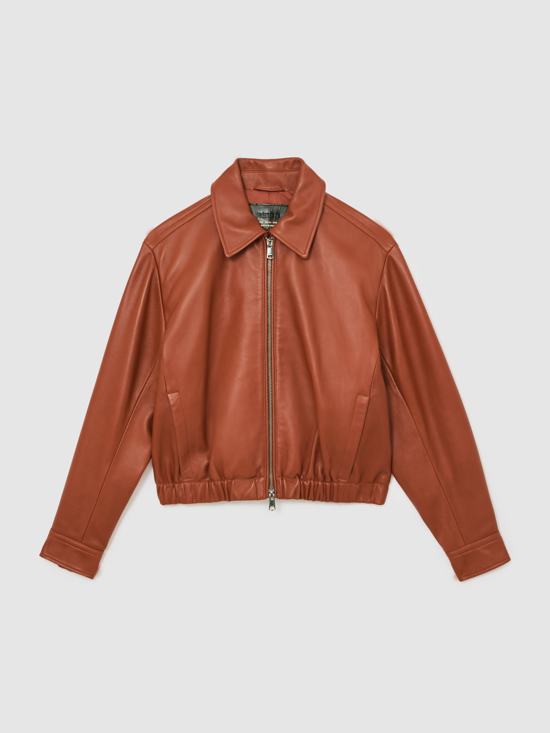 Reiss Leather Cropped Bomber Jacket in Tan - REISS | Reiss UK