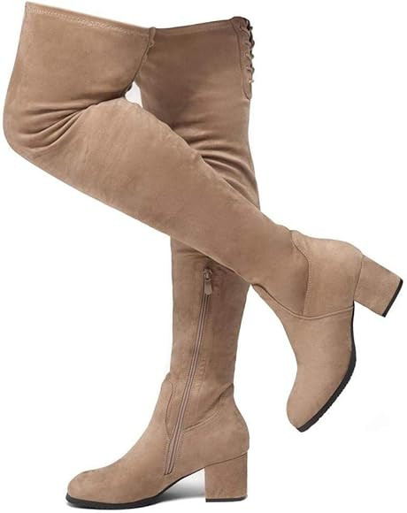Shoe Land CARAA Women’s Suede Thigh High Stretchy Boots- Block Heel Side Zipper Back Lace Over ... | Amazon (US)