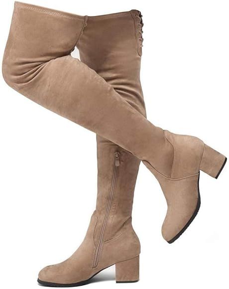 Shoe Land CARAA Women’s Suede Thigh High Stretchy Boots- Block Heel Side Zipper Back Lace Over ... | Amazon (US)