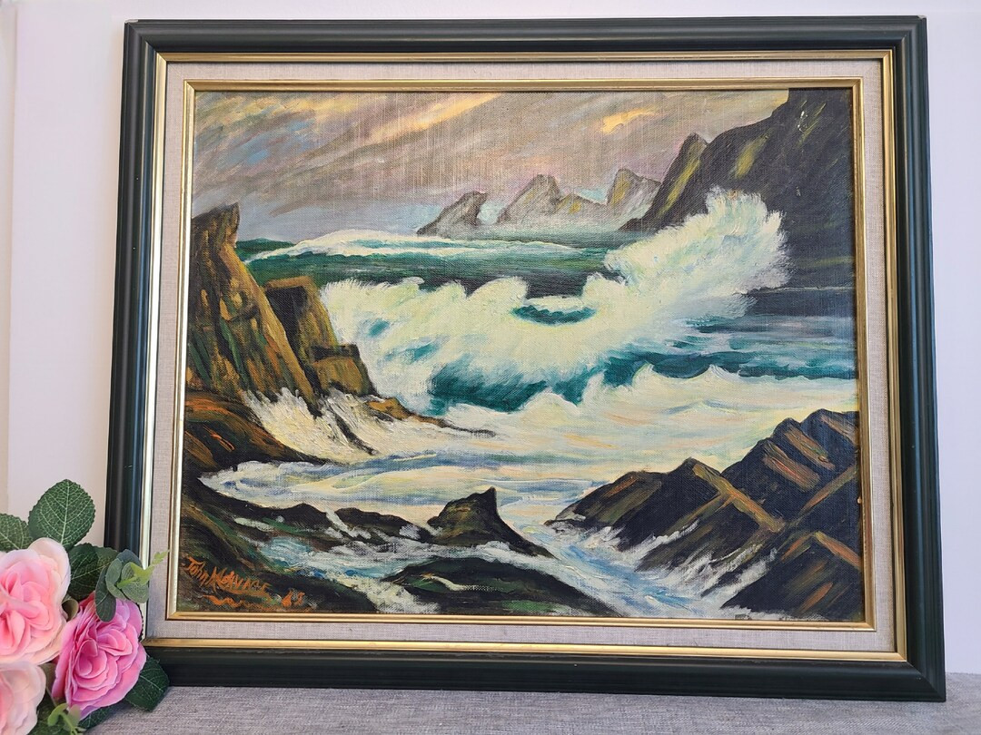 Vintage Framed Oil Painting on Canvas, Crashing Ocean Waves, Seascape, 25'x19.5' - Etsy | Etsy (US)