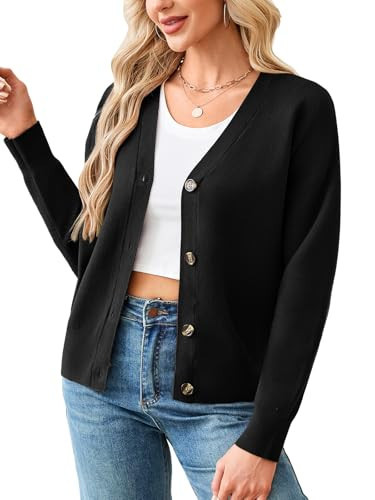 Button Up Sweaters for Women Casual V Neck Button Up Cardigan Fashion Knitted Solid Black Sweater Medium | Amazon (US)