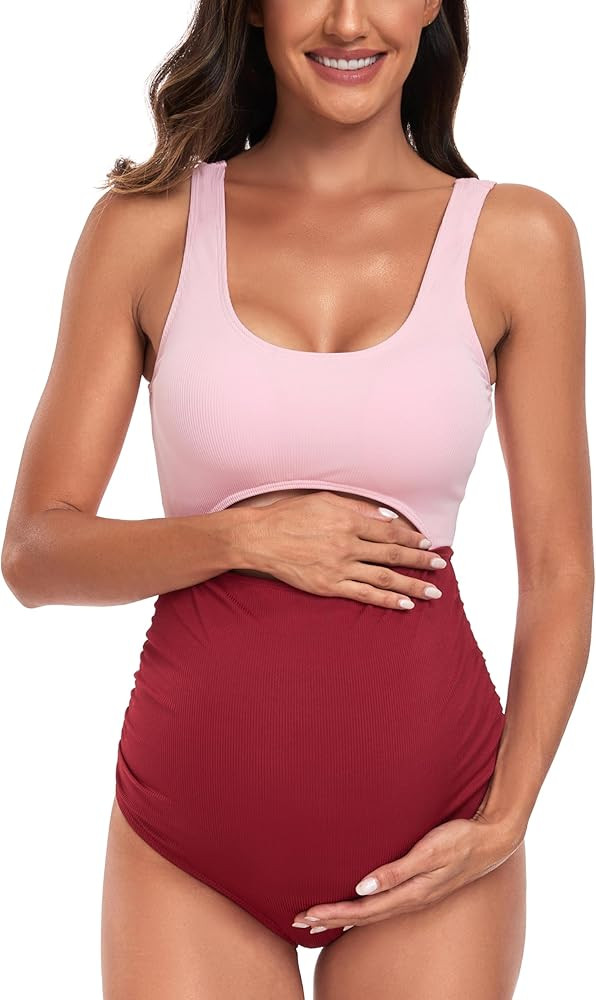 EastElegant Maternity Cutout One Piece Swimwear Ploka Dots Print Pregnancy Bathing Suit | Amazon (US)