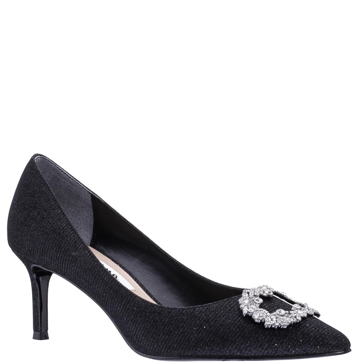 Womens Neya Black Textured Metallic Mid-Heel Pumps with Jeweled Buckle | Nina Shoes | Nina Shoes