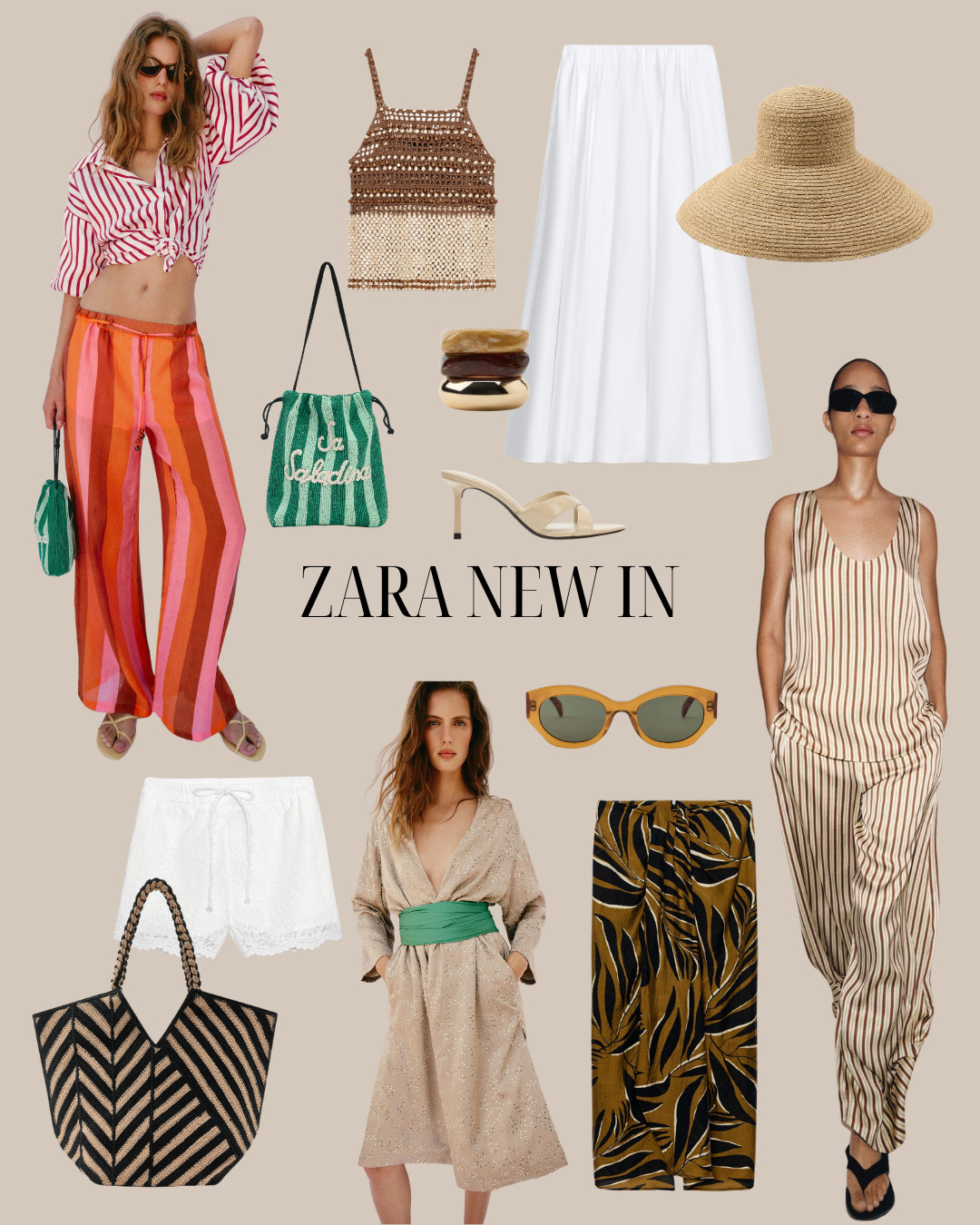 zara new in, summer fashion, resort wear, holiday outfit, beachwear, striped trousers, wide leg pants, red striped shirt, tie front shirt, crochet top, white maxi skirt, straw sun hat, green beaded bag, gold bangles, heeled sandals, striped co-ord, sleeveless striped set, white lace shorts, woven tote bag, embellished midi dress, statement sunglasses, printed trousers, neutral tones, orange pink stripes, effortless chic 

 #LTKspring #LTKsummer #LTKeurope