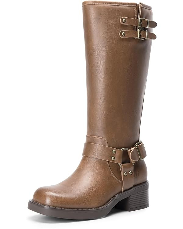 DREAM PAIRS Women's Knee High Boots Side Zipper Motorcycle Boots Square Toe Chunky Low Heel Fashi... | Amazon (US)