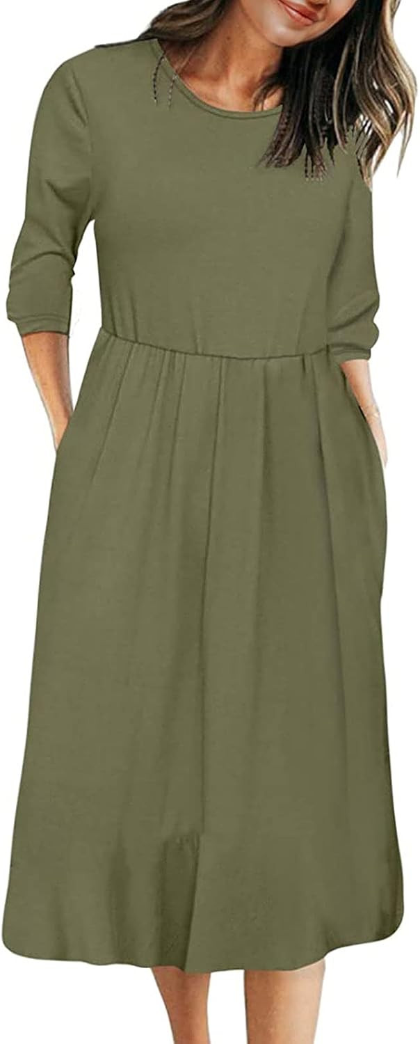 MEROKEETY Women's 3/4 Balloon Sleeve Striped High Waist T Shirt Midi Dress with Pockets | Amazon (US)