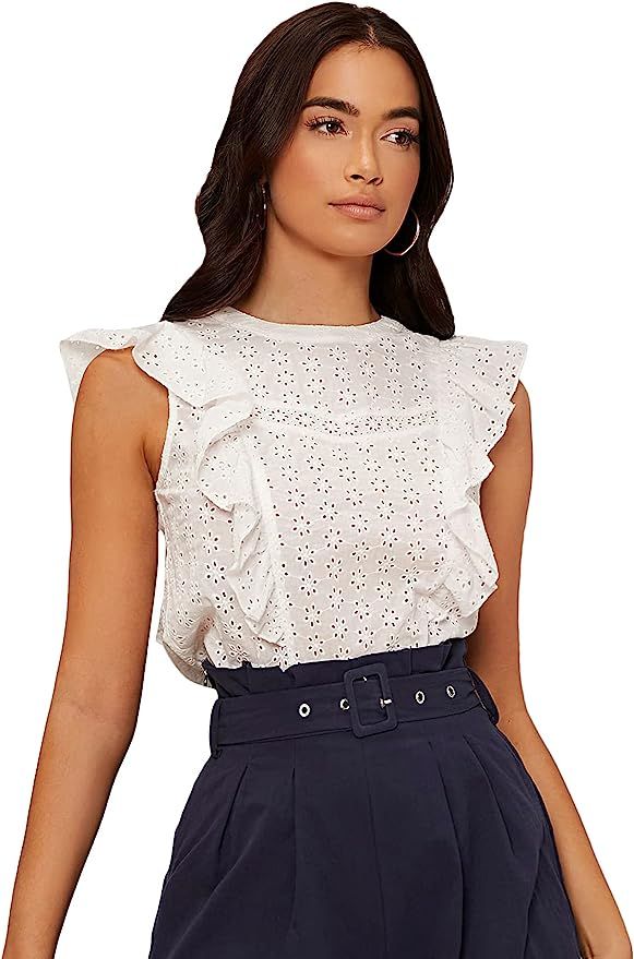 SheIn Women's Sleeveless Round Neck Ruffle Trim Eyelet Embroidery Blouse Tops | Amazon (US)