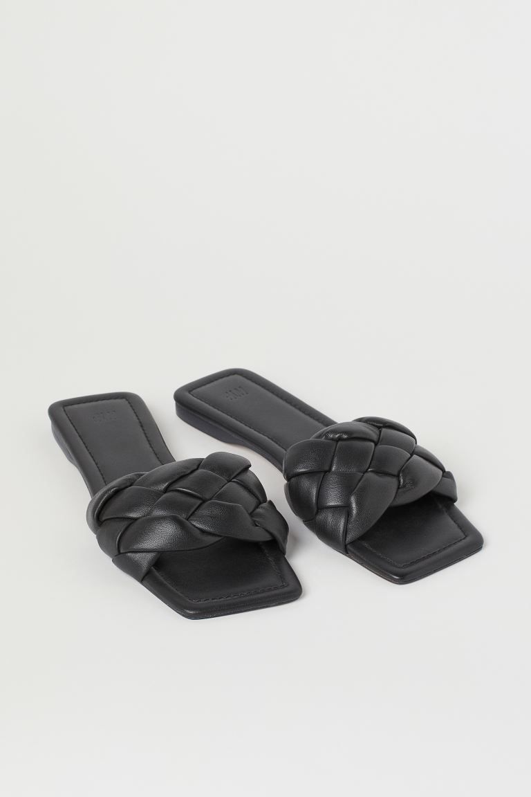 Unembellished leather slides with square toes and wide, braided foot straps. Sole thickness 1/2 i... | H&M (US + CA)