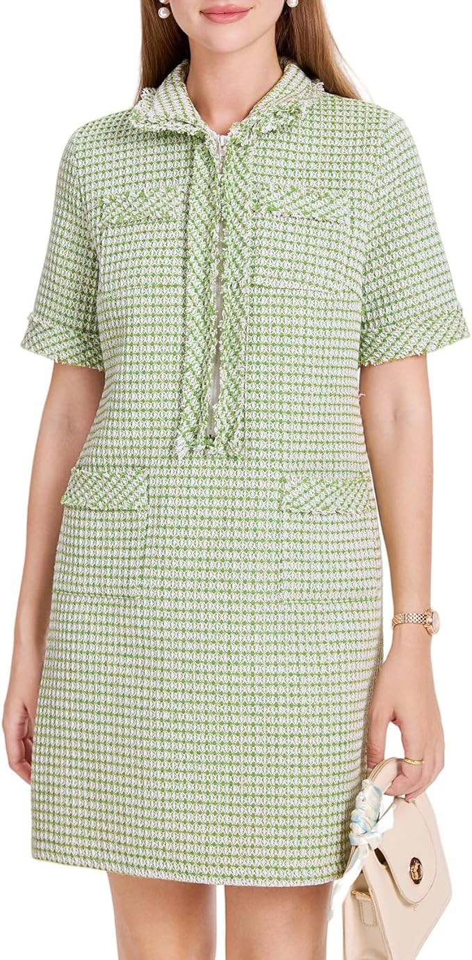 WOWULOVELY Womens Tweed Mini Dress Short Sleeve Straight Tube Front Half Zipper A-line Nubby Dres... | Amazon (US)