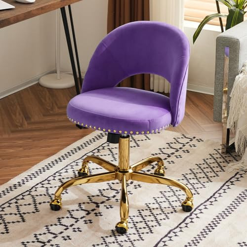 VINGLI Modern Velvet Small Office Chair,Cute Desk Chair with Wheels,Gold Base/Studs, Comfy Armless Swivel Vanity Task Chair for Women/Girl/Kids, Nail Tech Chair for Bedroom,Small Space,Violet Purple | Amazon (US)